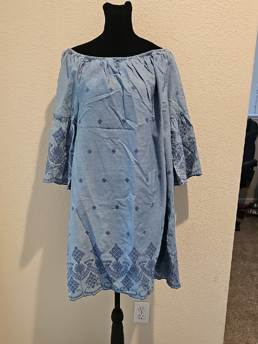 St. John's Bay Light Blue Off-Shoulder Embroidered Midi Dress